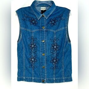 Decorated Origins Denim Vest Embroidered Floral Rhinestones Boho Western Sz L‎